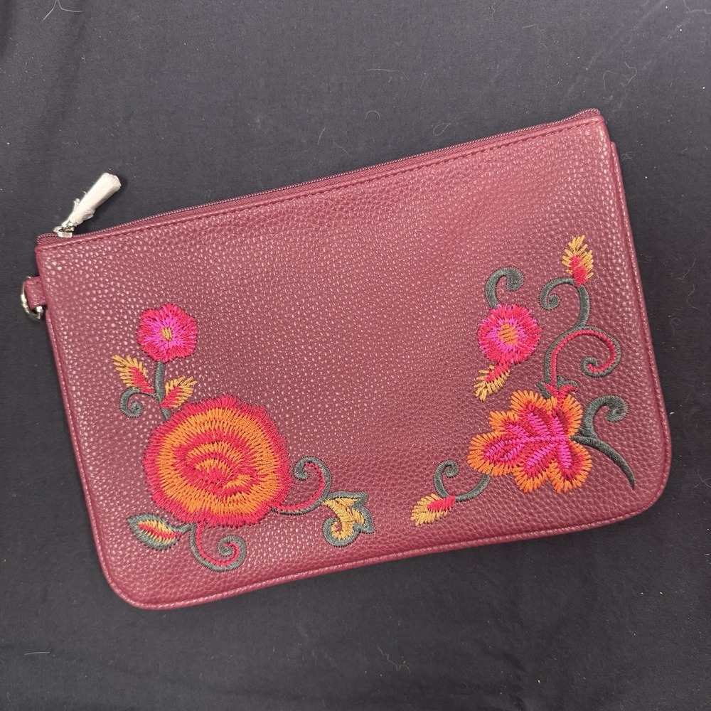 Thirty One Ruby Mini Pouch ~ Deep Merlot Pebble W/ Floral Embroidery, New In Bag